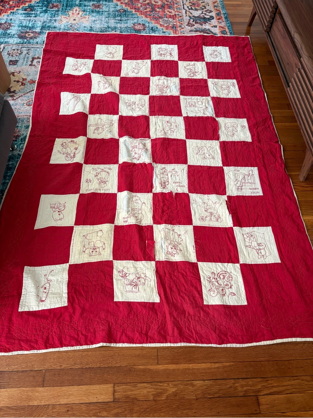 Vintage quilt 40s 50s hand stitched nursery story primitive cutter as is